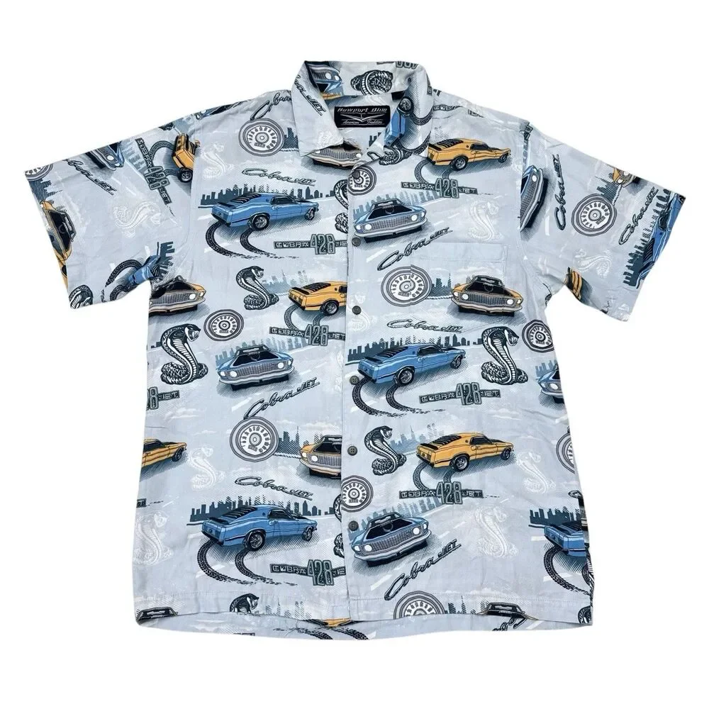 Vintage Newport Blue Ford Cobra 428 Shirt Mens Size Large Short Sleeve Button Up